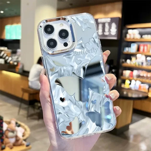 غطاء آيفون فاخر بتصميم فراشة مع مرآة